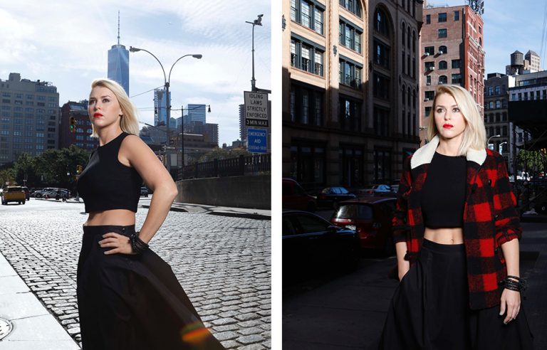 Side-by-side shots of Dr. Alterman on NY city streets in bold, fashionable clothes, with resolved, confident expression.
