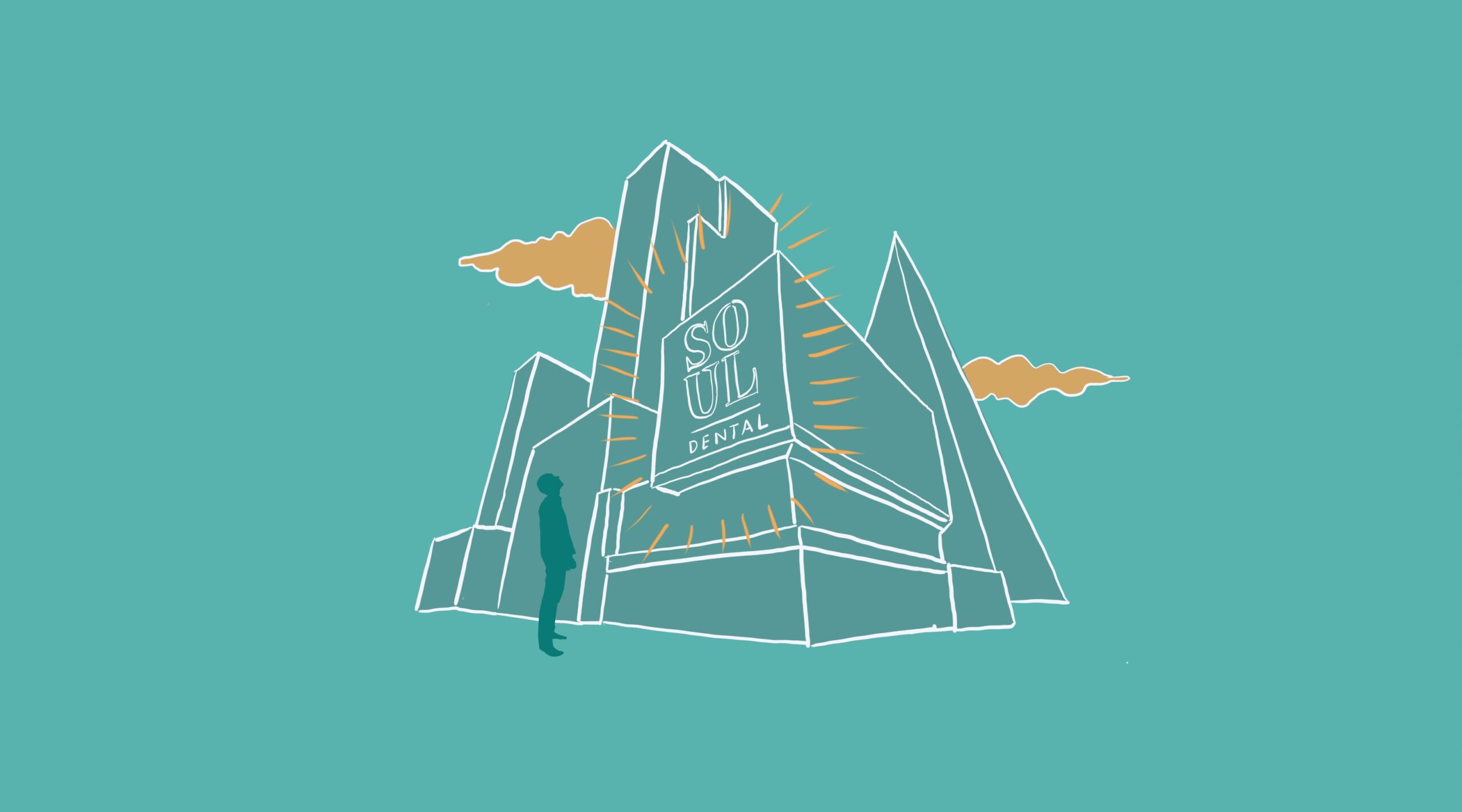 Soul Dental logo: Chalk-sketched city building with SOUL DENTAL on one side. Silhouette of person looking up at it.